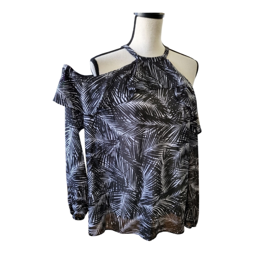 💕Michael Kors Black and White Women's Cold Shoulder Top Womens‎ Size M